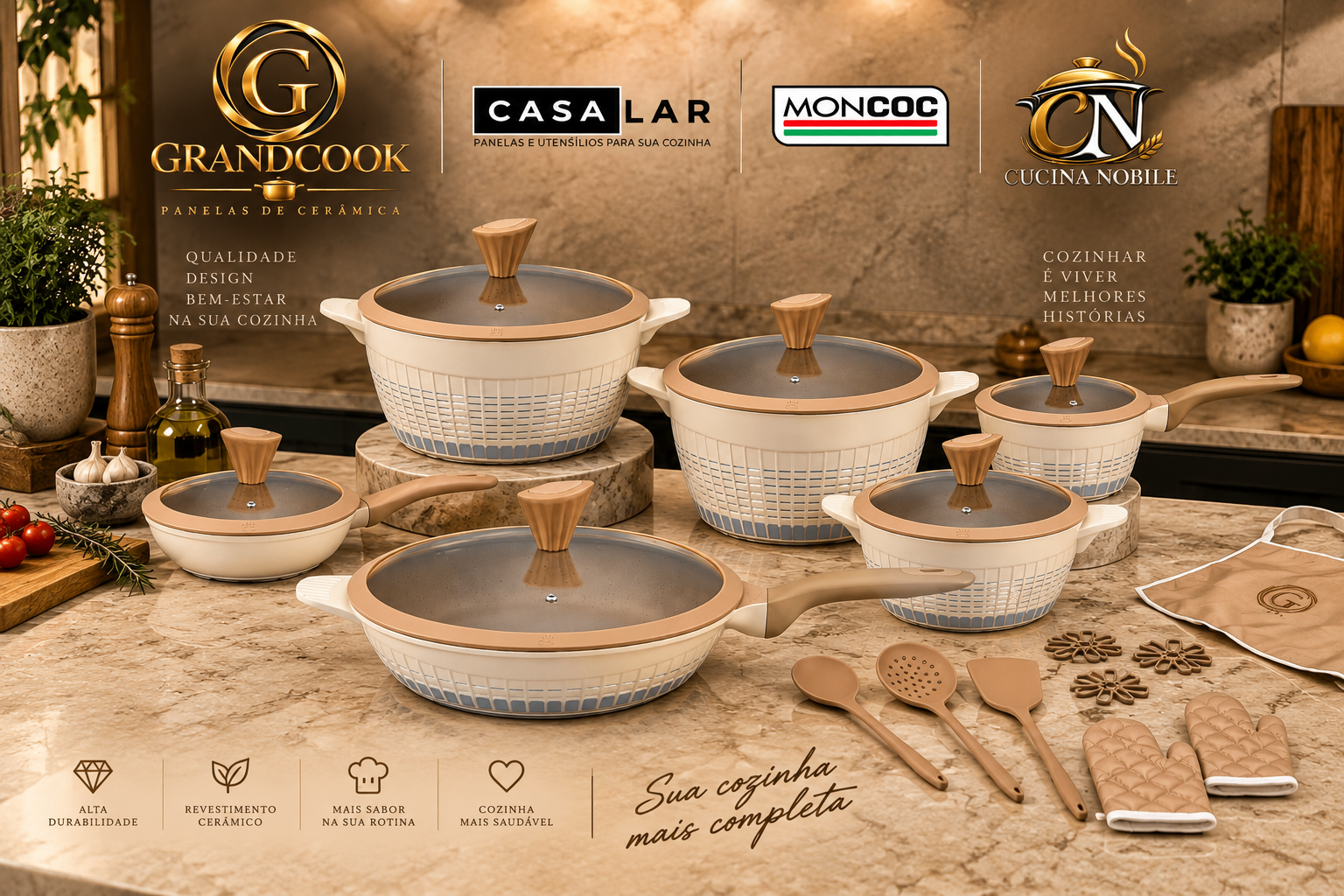 Mesa posta com panelas GrandCook e marcas representadas